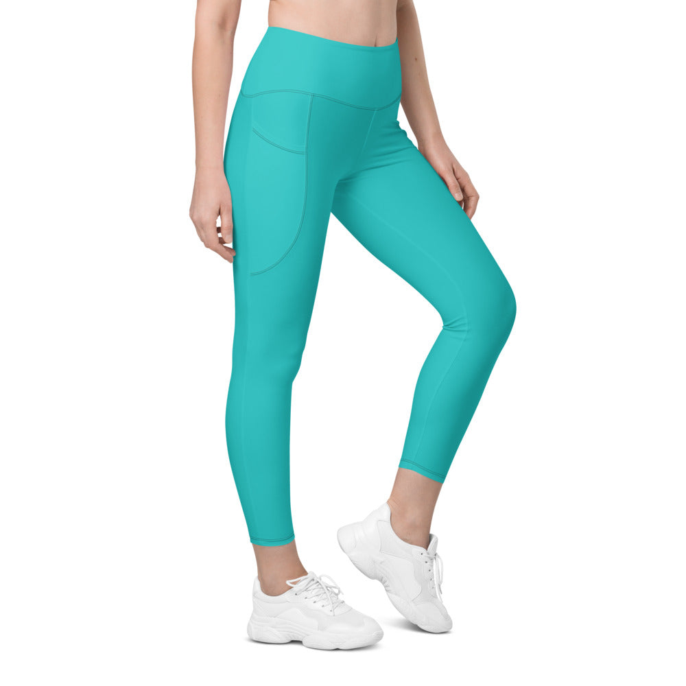 Turquoise Essential leggings with pockets, Printful supplier right side mockup