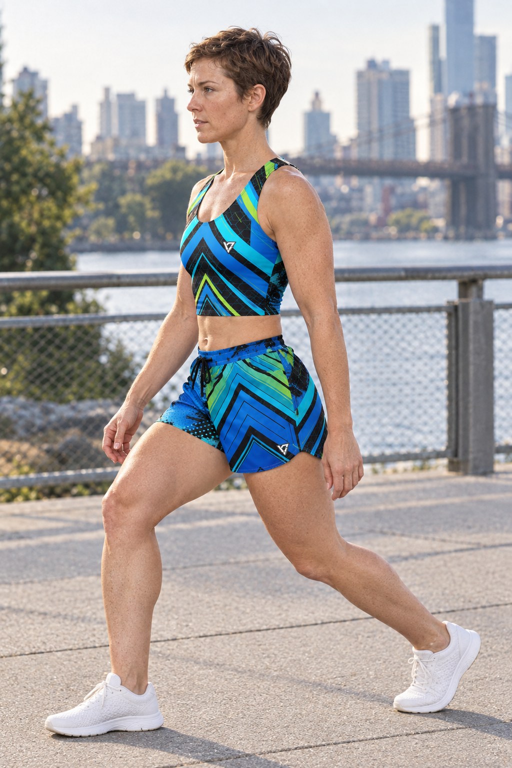 Woman wearing the Aqua Circuit women's matching crop tank by Vantacore Athletics, shown with the matching pocket shorts (sold separately), side view