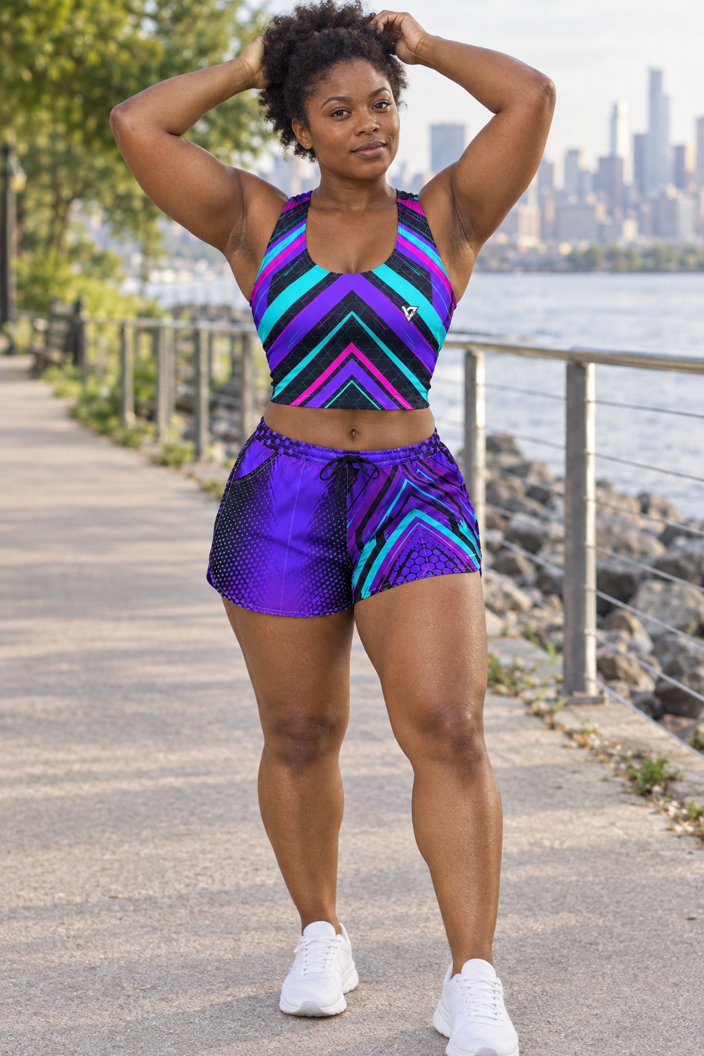 Woman wearing the Cyber Circuit Purple & Teal women's crop tank and pocket shorts matching set by Vantacore Athletics