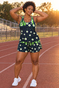 Woman wearing the Halloween Ghostly Night Slime Drip women's full-length racerback tank and pocket shorts matching set by Vantacore Athletics