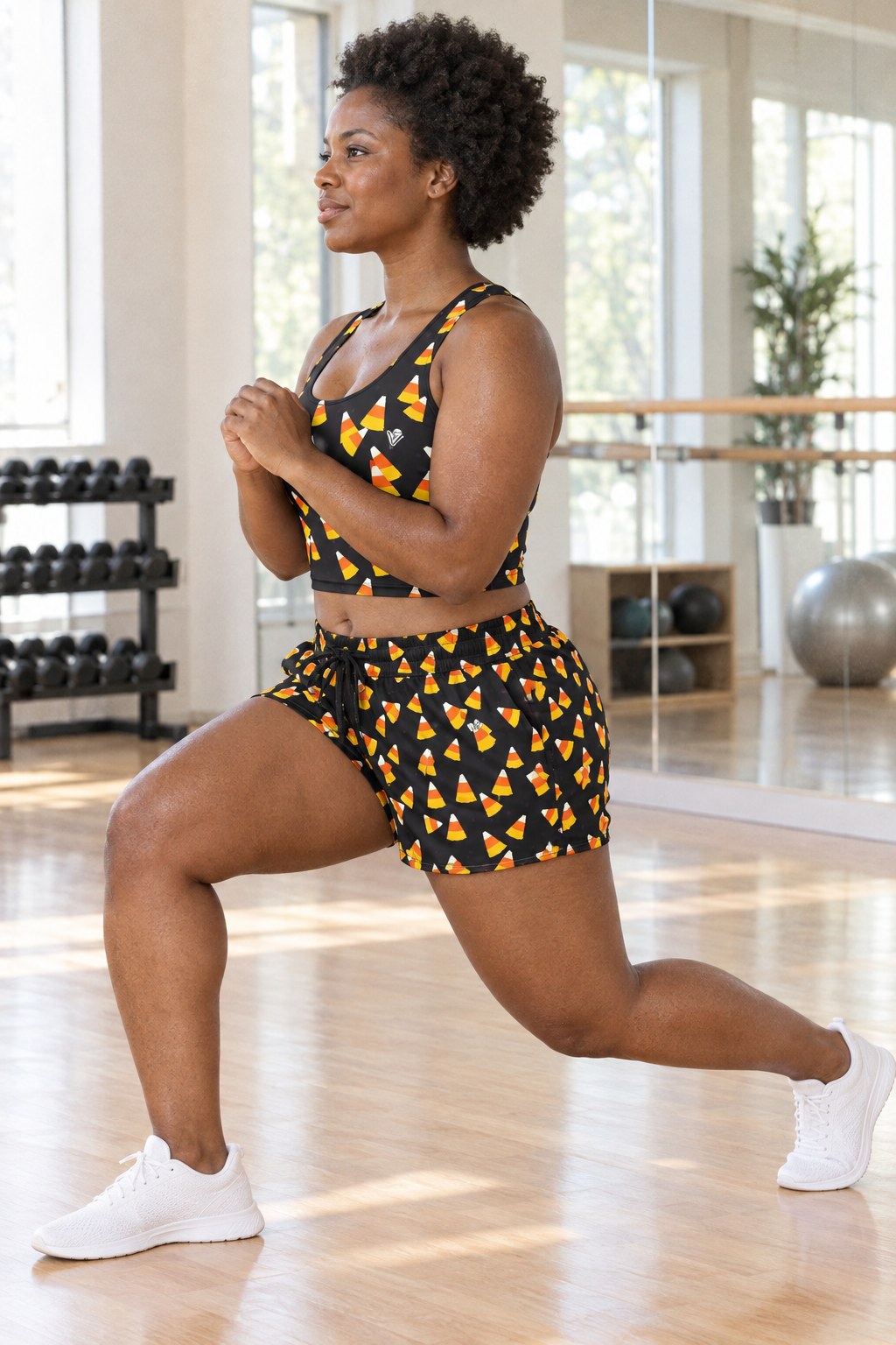 Woman wearing the Halloween Midnight Pumpkin Candy Corn Toss women's crop tank and pocket shorts matching set by Vantacore Athletics, side view