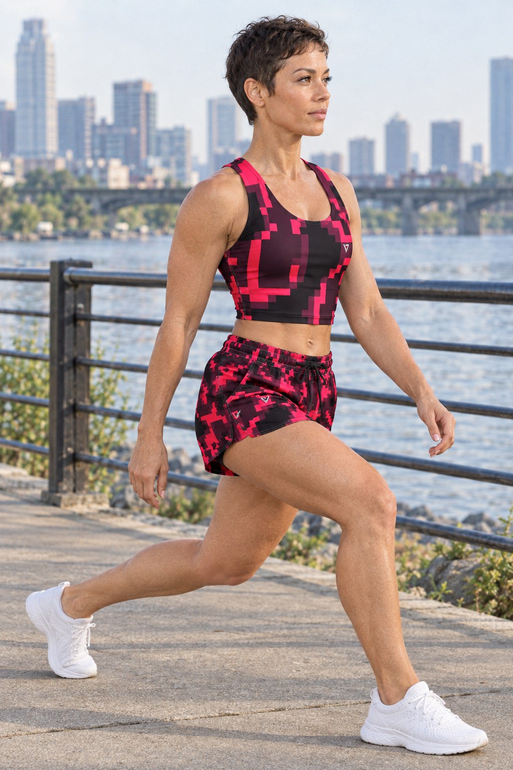 Woman wearing the Infrared Digital Camo women's crop tank and pocket shorts matching set by Vantacore Athletics, side view