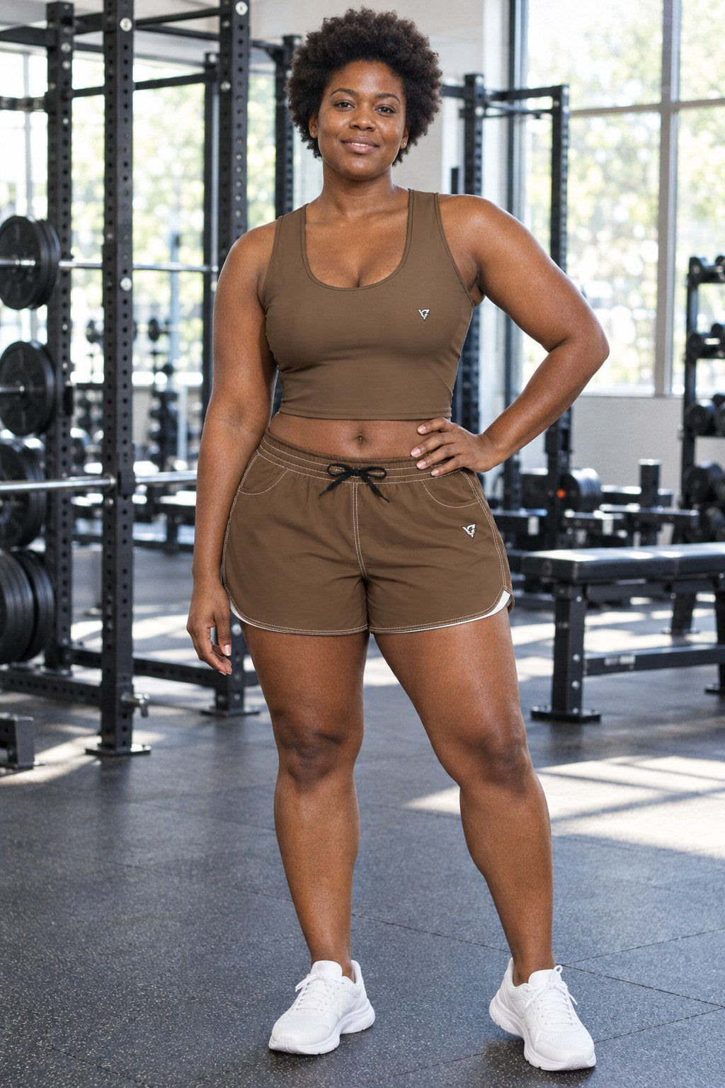 Woman wearing the Mocha Brown Essential women's crop tank and pocket shorts matching set by Vantacore Athletics