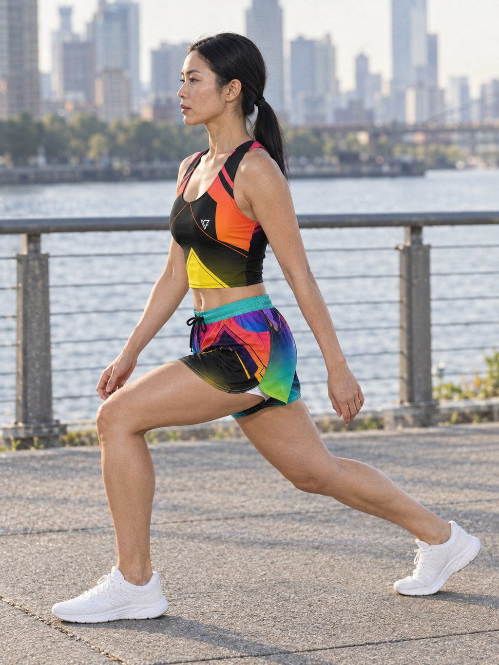 Woman wearing the Neon Gradient women's matching crop tank by Vantacore Athletics, shown with the matching pocket shorts (sold separately), side view