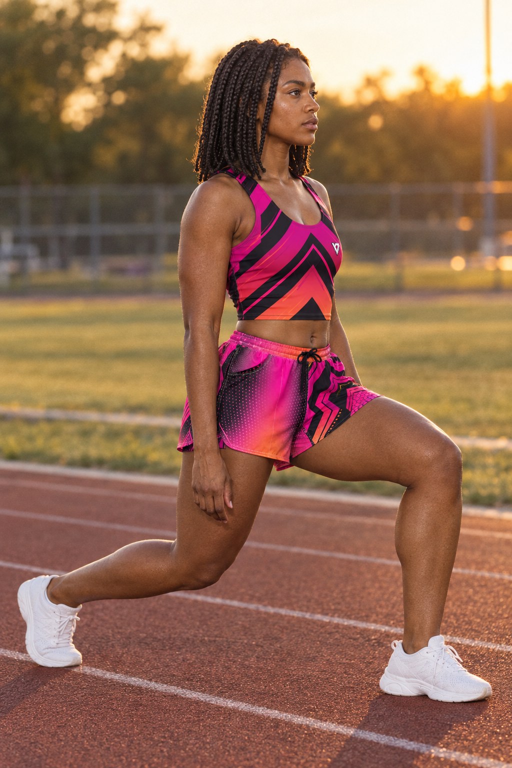 Woman wearing the Neon Pink Geometric women's crop tank and pocket shorts matching set by Vantacore Athletics, side view