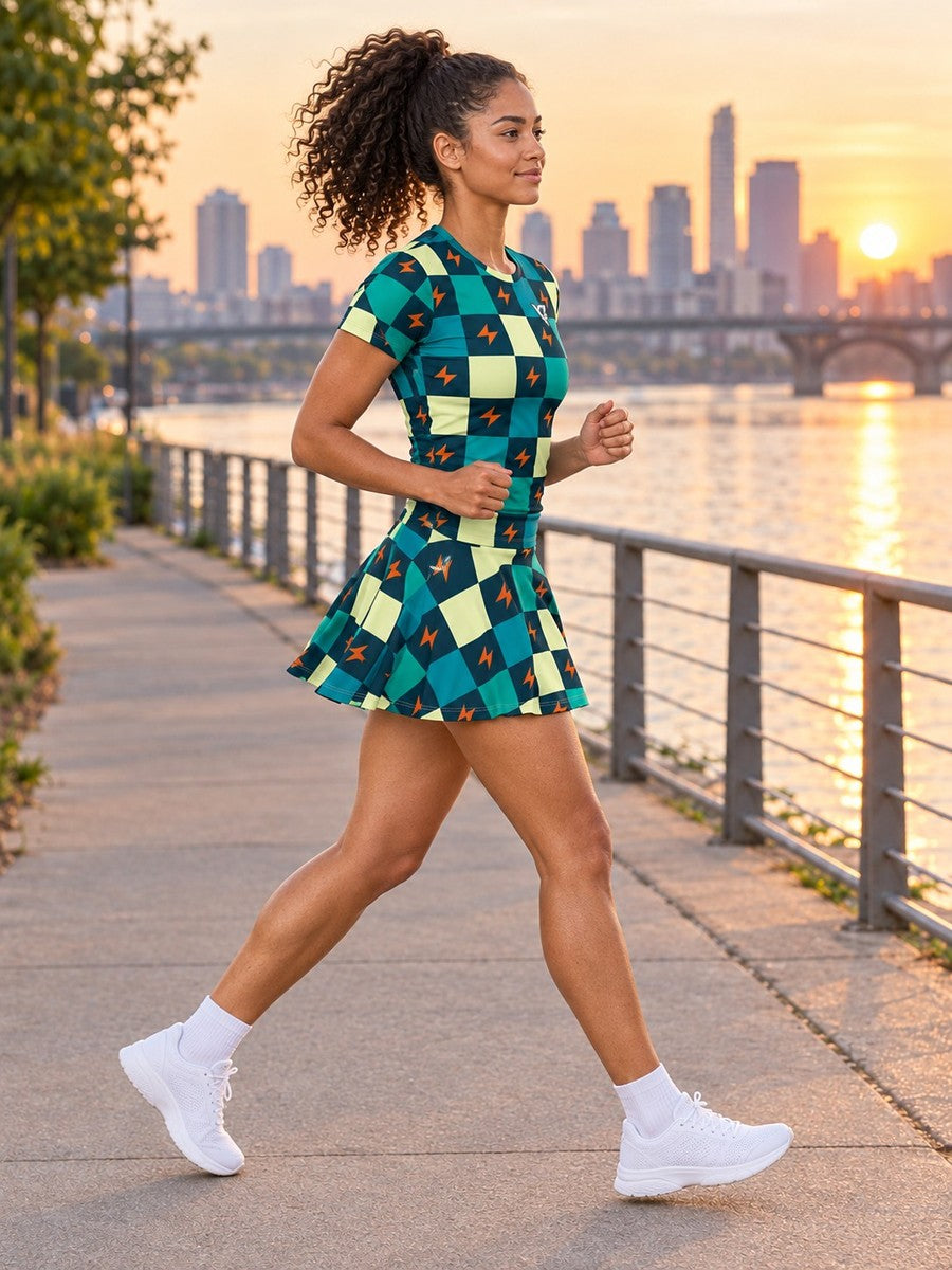 Running Peacock Checker Drive Women's Athletic Skater Skirt - side view