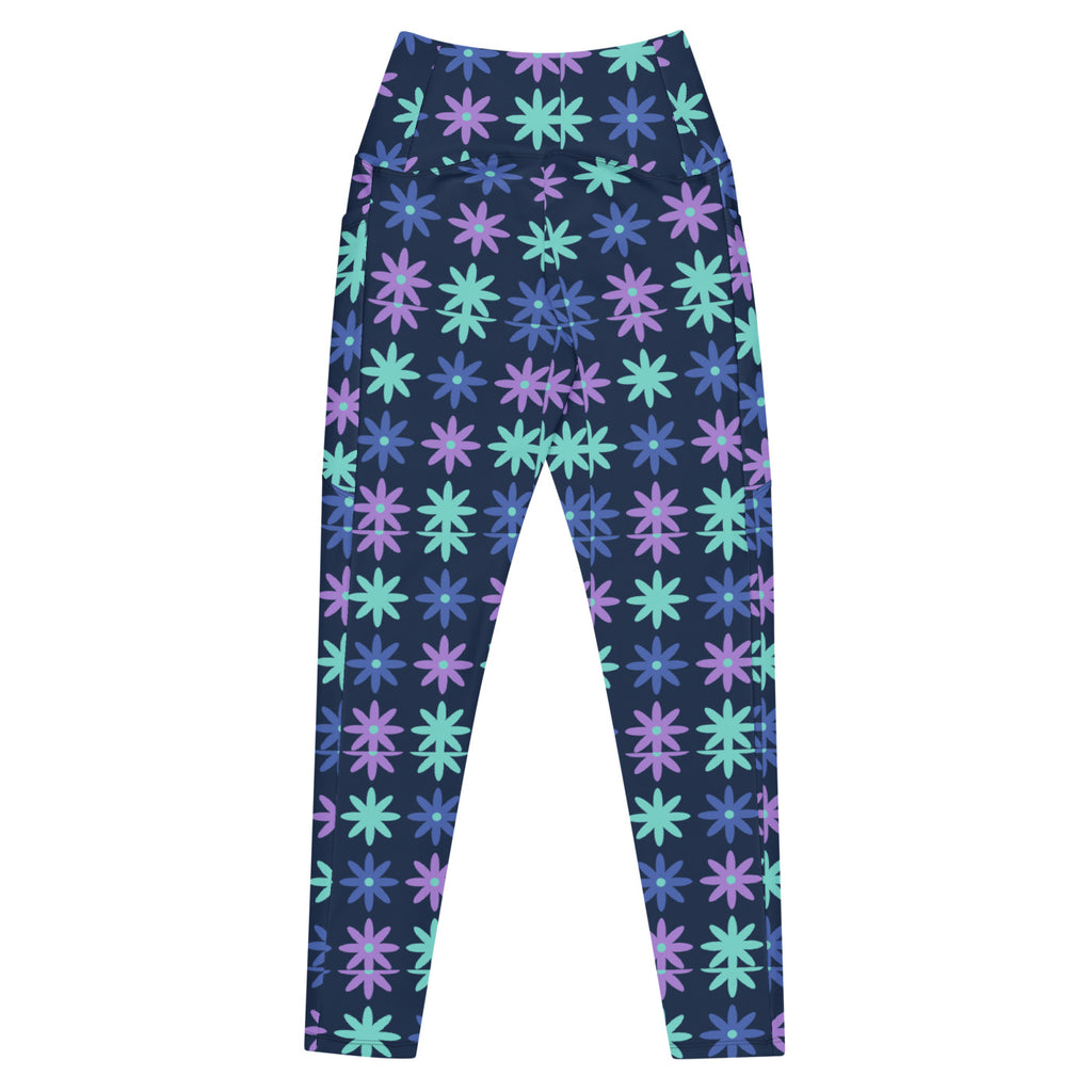 Indigo Bloom leggings with pockets, Printful supplier back mockup