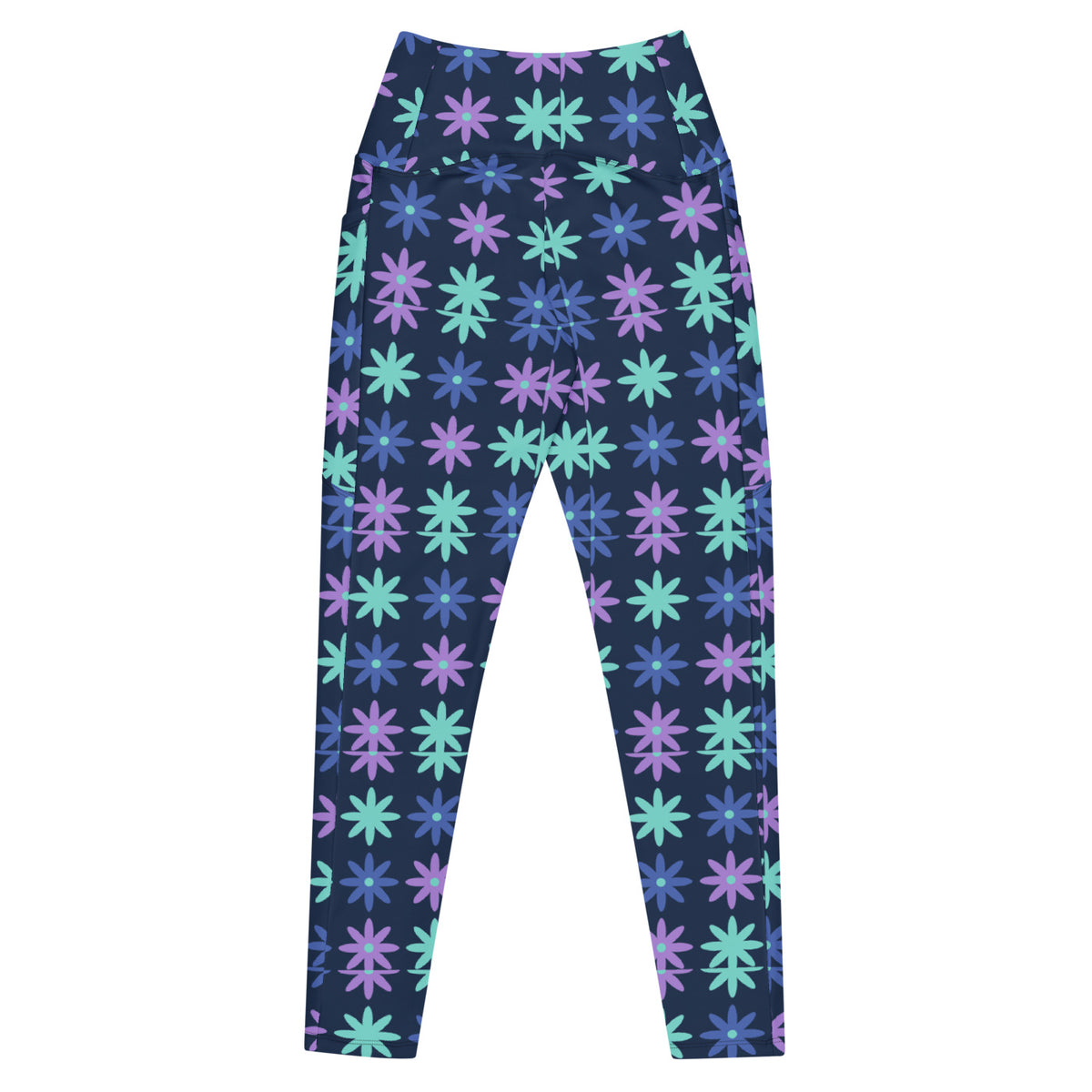 Indigo Bloom leggings with pockets, Printful supplier back mockup