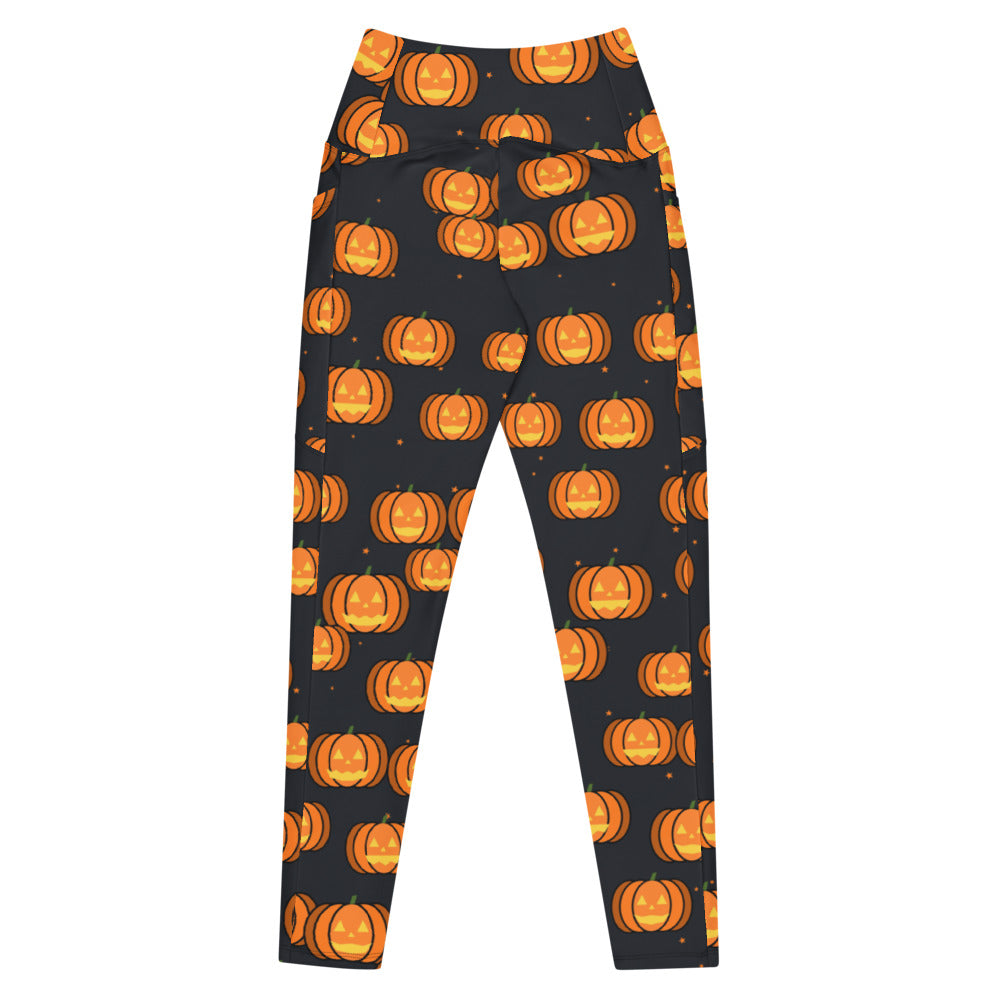 Halloween Graveyard Grey Jack-O'-Lantern leggings with pockets, Printful supplier mockup 3