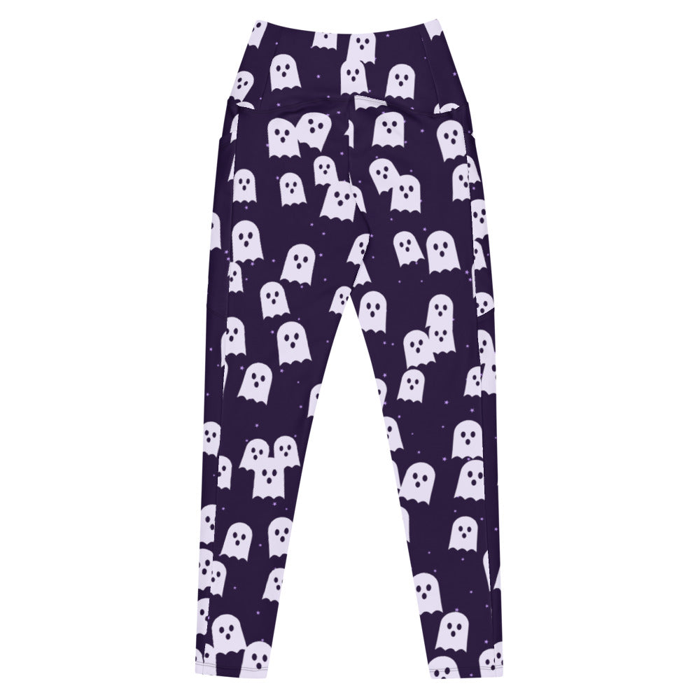 Halloween Witching Purple Ghost Parade leggings with pockets, Printful supplier mockup 3