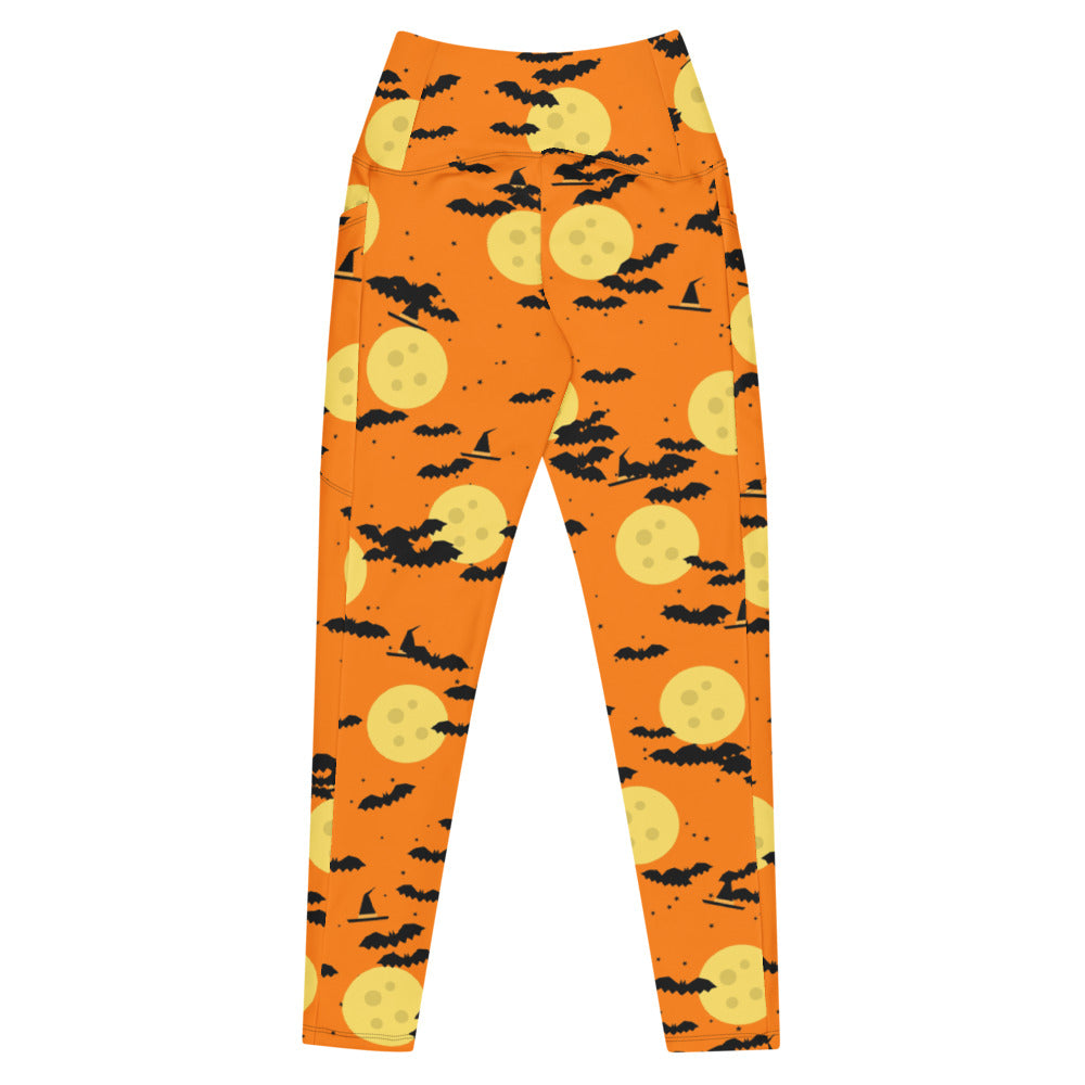 Halloween Pumpkin Orange Haunted Moon leggings with pockets, Printful supplier mockup 3