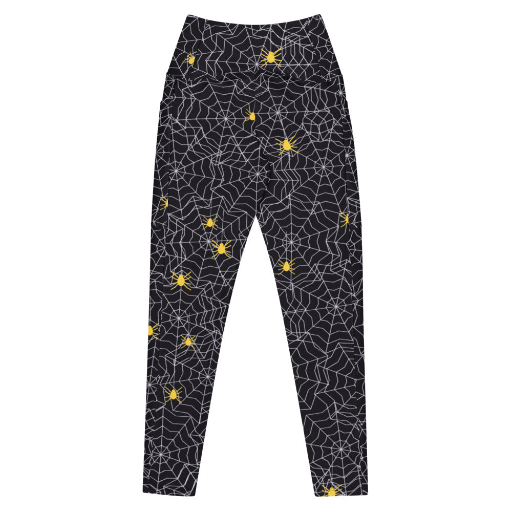 Halloween Midnight Pumpkin Spiderweb leggings with pockets, Printful supplier mockup 3