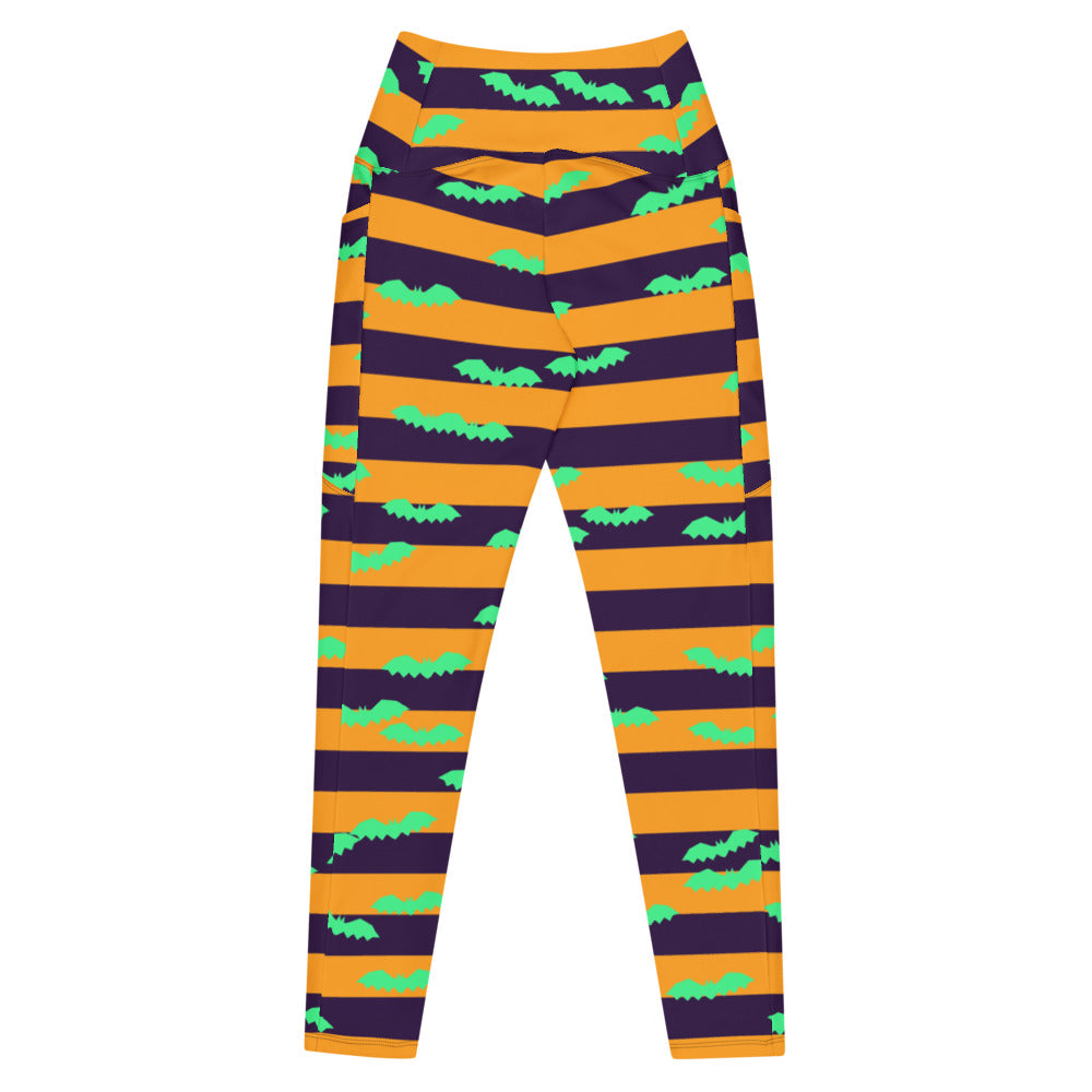 Halloween Hocus Pocus Bat Stripe leggings with pockets, Printful supplier mockup 3