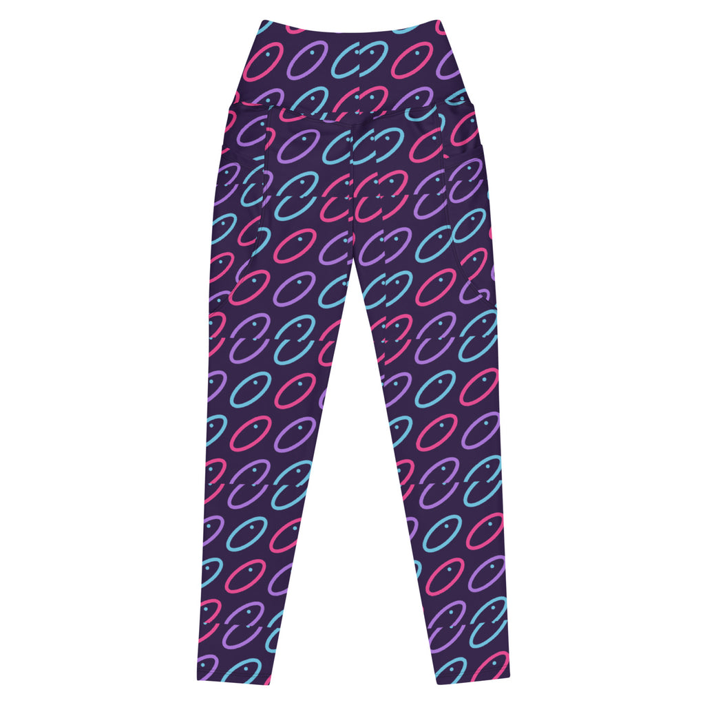 Fuchsia Orbit leggings with pockets, Printful supplier front mockup