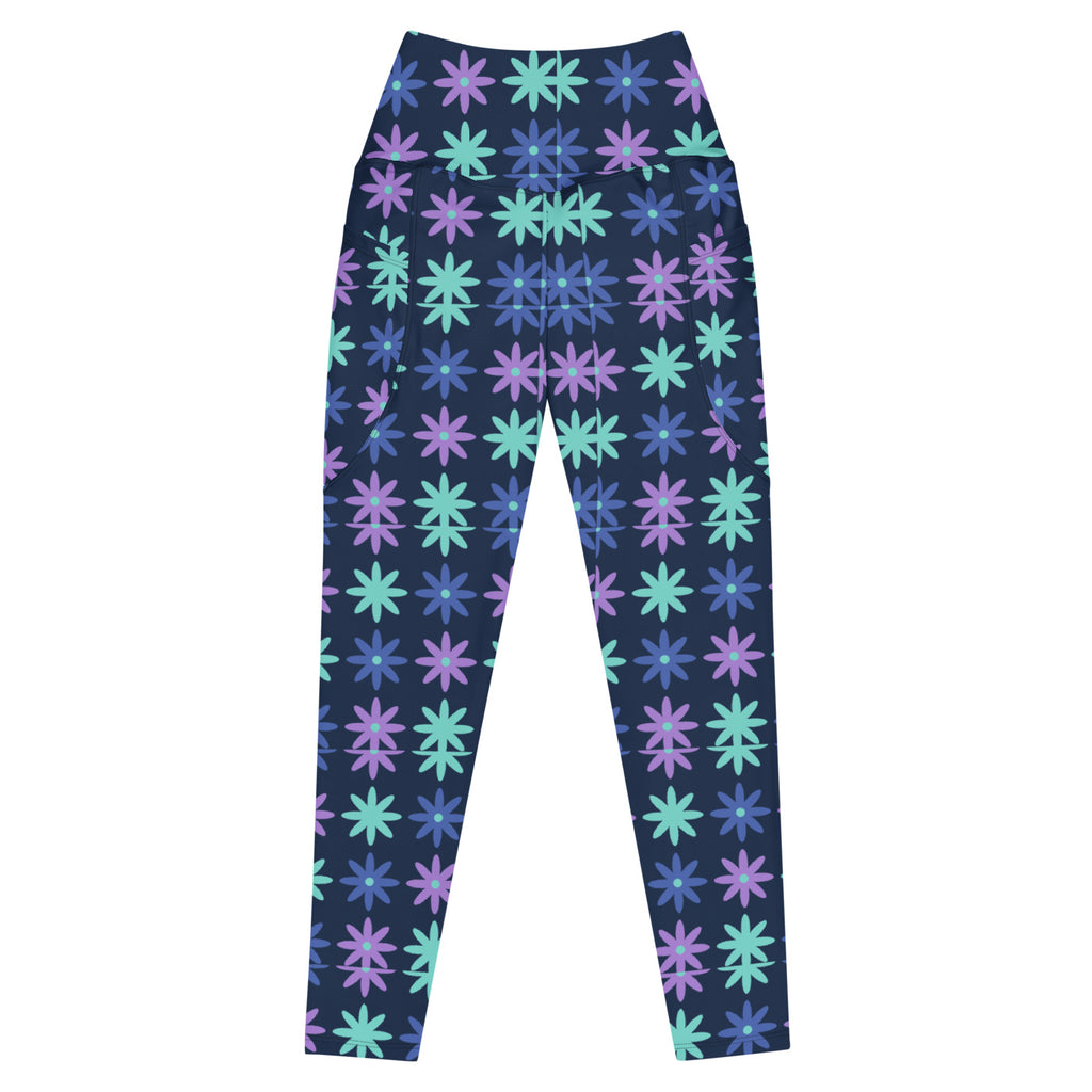 Indigo Bloom leggings with pockets, Printful supplier front mockup
