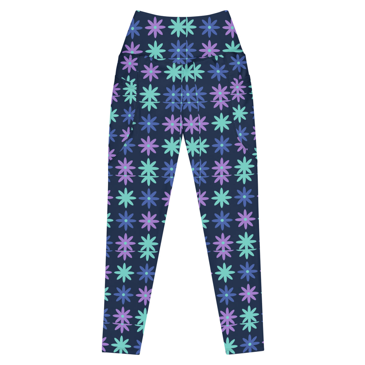 Indigo Bloom leggings with pockets, Printful supplier front mockup