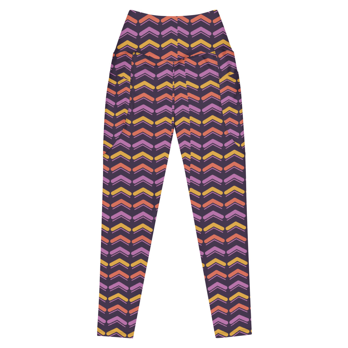 Saffron Chevron leggings with pockets, Printful supplier front mockup