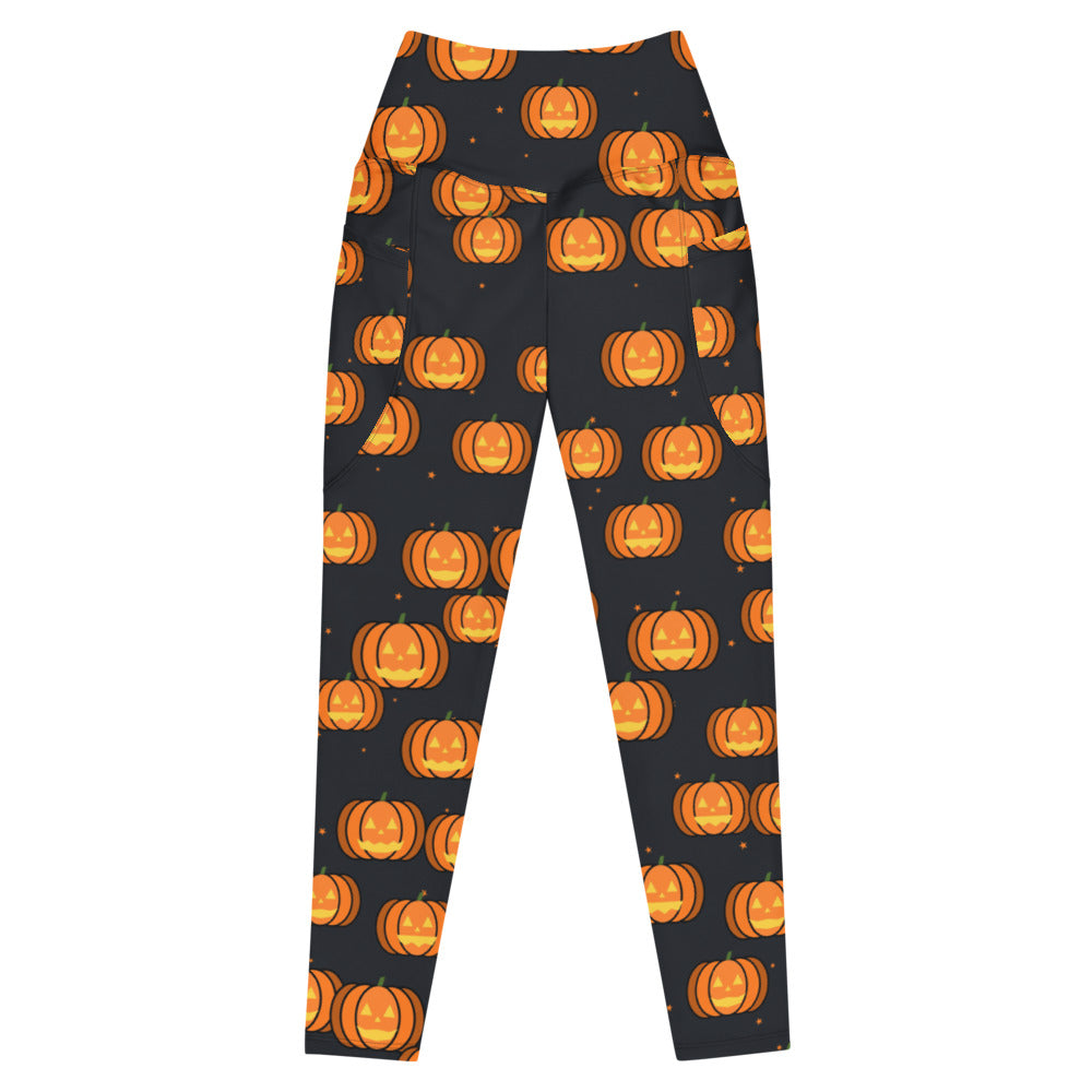 Halloween Graveyard Grey Jack-O'-Lantern leggings with pockets, Printful supplier mockup 1