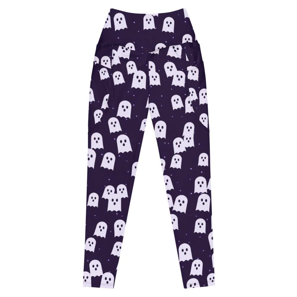 Halloween Witching Purple Ghost Parade leggings with pockets, Printful supplier mockup 1