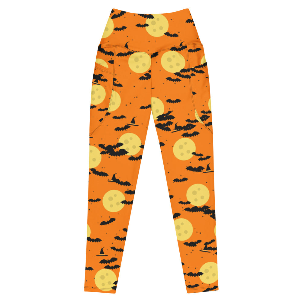 Halloween Pumpkin Orange Haunted Moon leggings with pockets, Printful supplier mockup 1