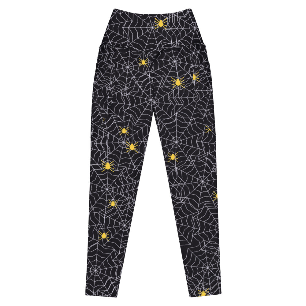 Halloween Midnight Pumpkin Spiderweb leggings with pockets, Printful supplier mockup 1