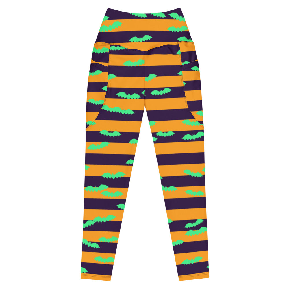 Halloween Hocus Pocus Bat Stripe leggings with pockets, Printful supplier mockup 1