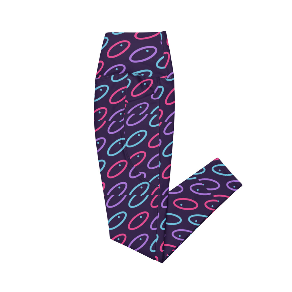 Fuchsia Orbit leggings with pockets, Printful supplier left side mockup