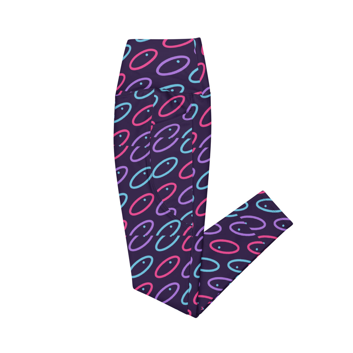 Fuchsia Orbit leggings with pockets, Printful supplier left side mockup