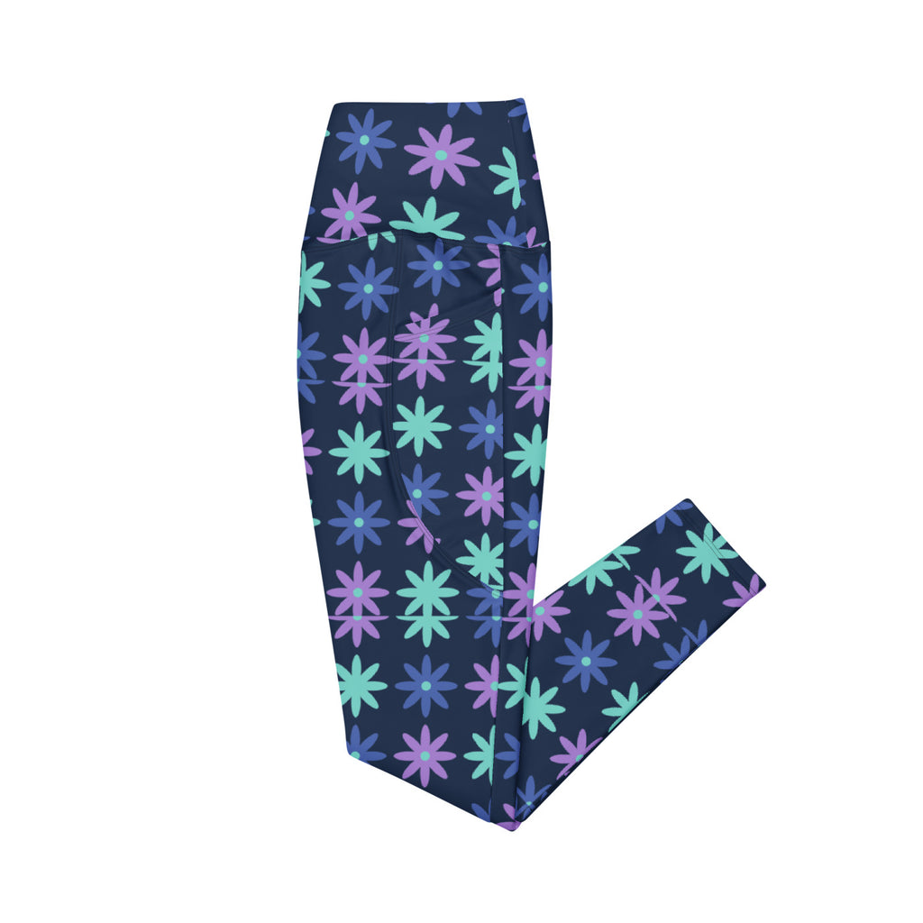 Indigo Bloom leggings with pockets, Printful supplier left side mockup