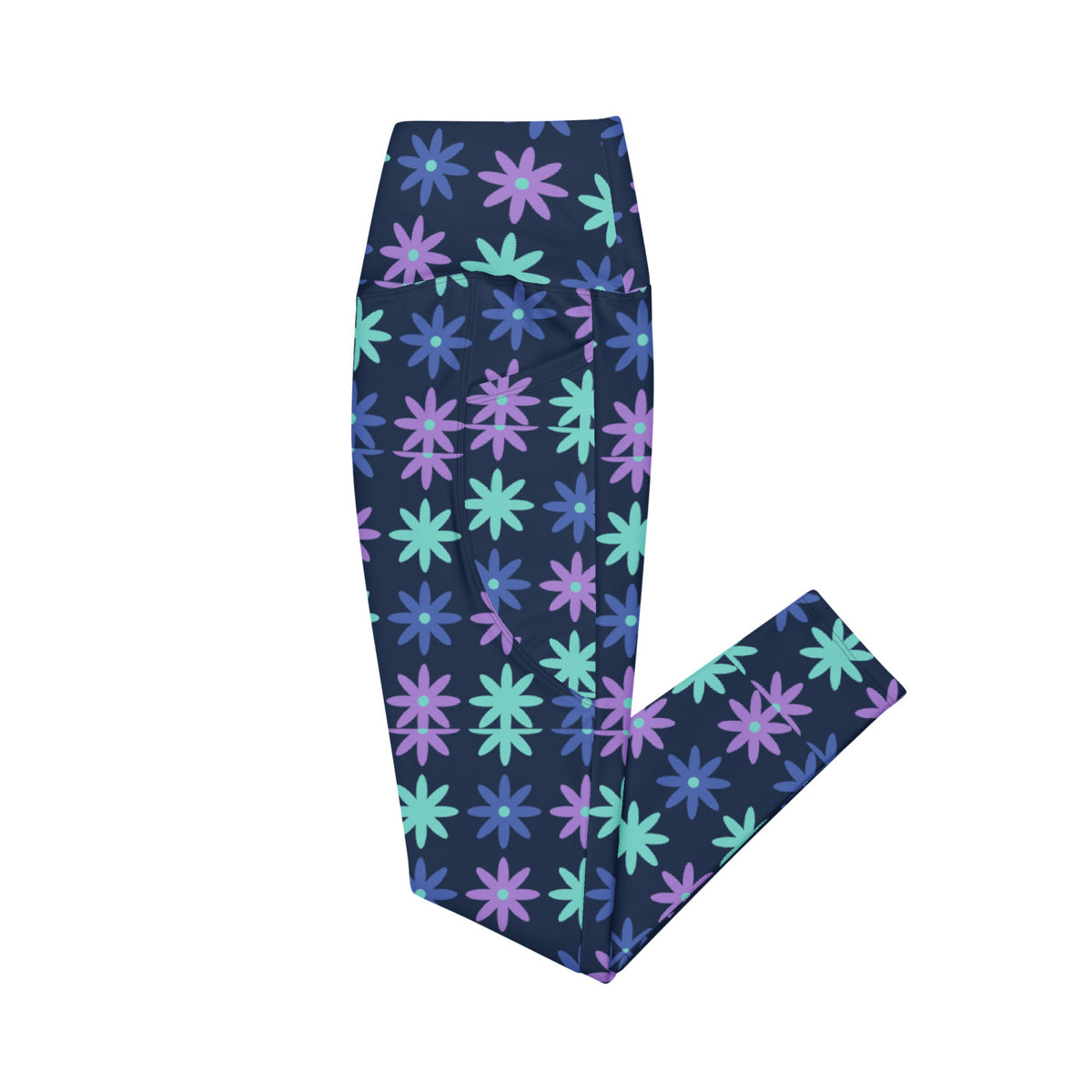 Indigo Bloom leggings with pockets, Printful supplier left side mockup