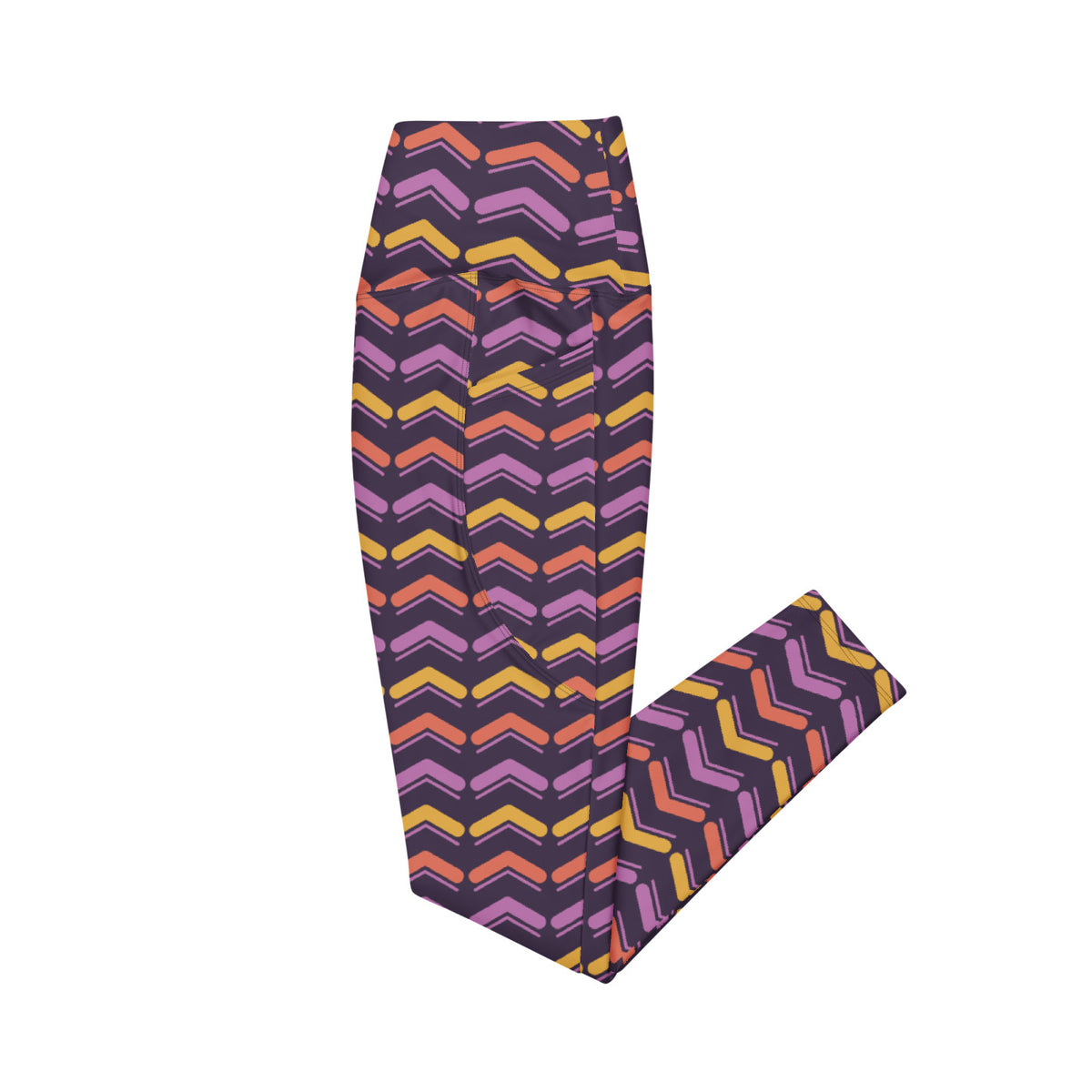 Saffron Chevron leggings with pockets, Printful supplier left side mockup