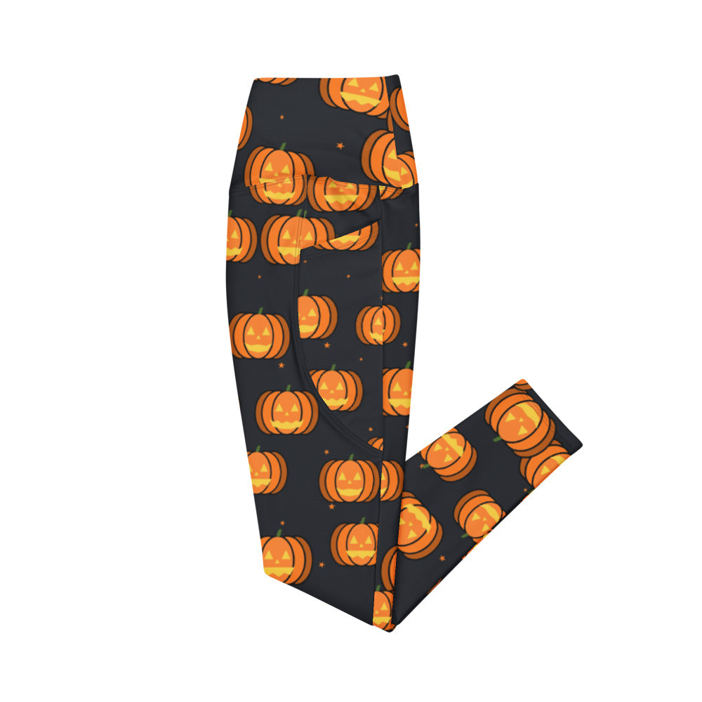 Halloween Graveyard Grey Jack-O'-Lantern leggings with pockets, Printful supplier mockup 2