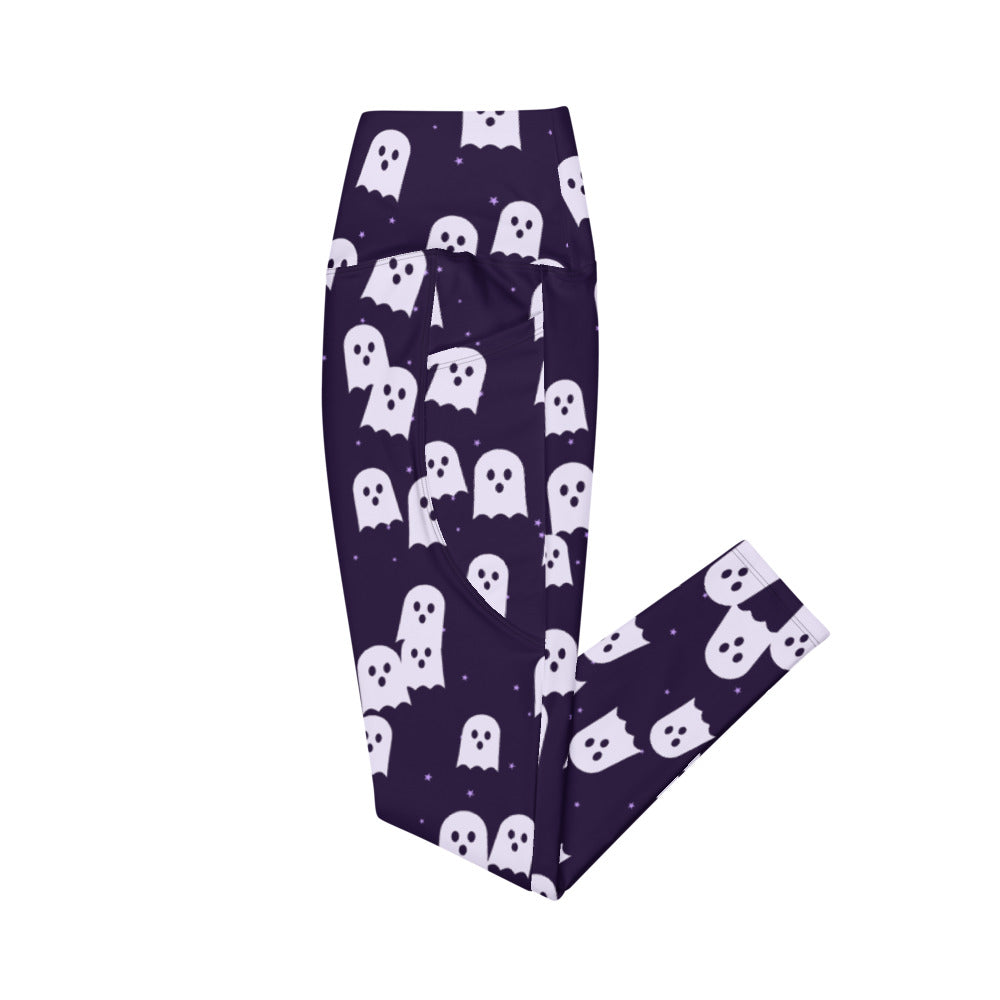 Halloween Witching Purple Ghost Parade leggings with pockets, Printful supplier mockup 2