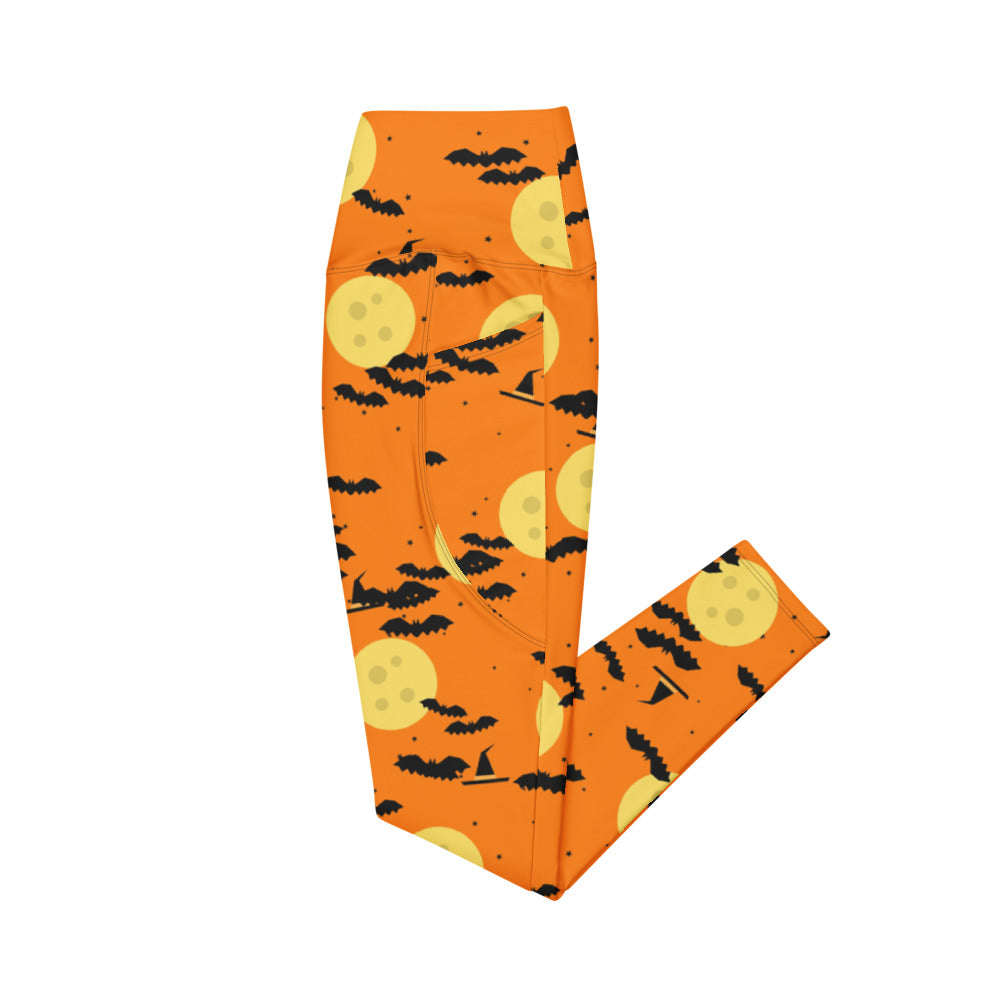 Halloween Pumpkin Orange Haunted Moon leggings with pockets, Printful supplier mockup 2