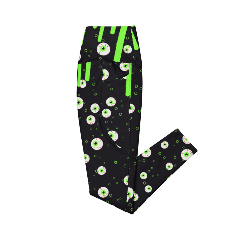 Halloween Midnight Pumpkin Slime Drip leggings with pockets, Printful supplier mockup 2