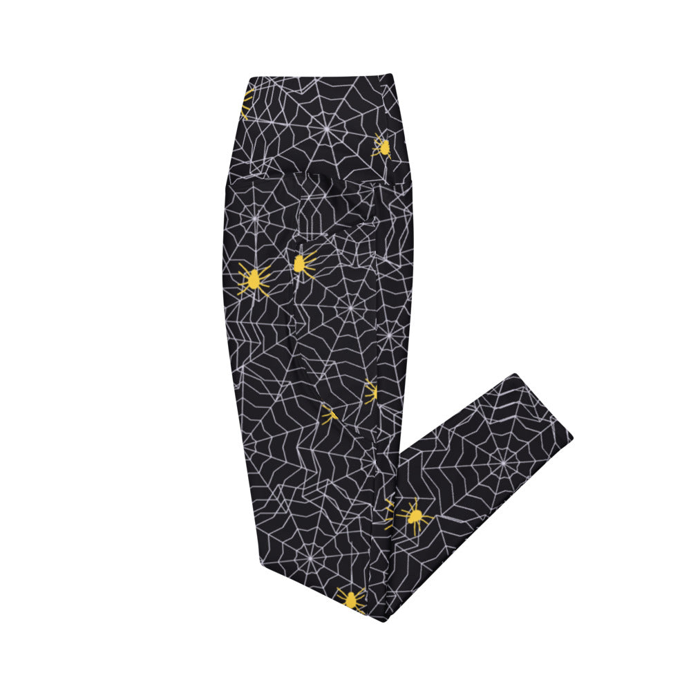 Halloween Midnight Pumpkin Spiderweb leggings with pockets, Printful supplier mockup 2