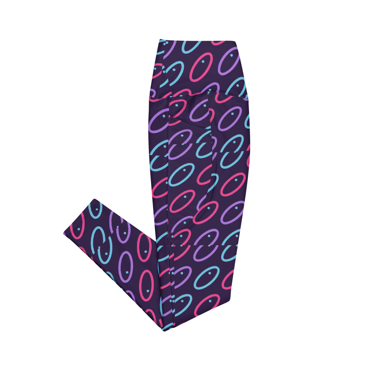 Fuchsia Orbit leggings with pockets, Printful supplier right side mockup