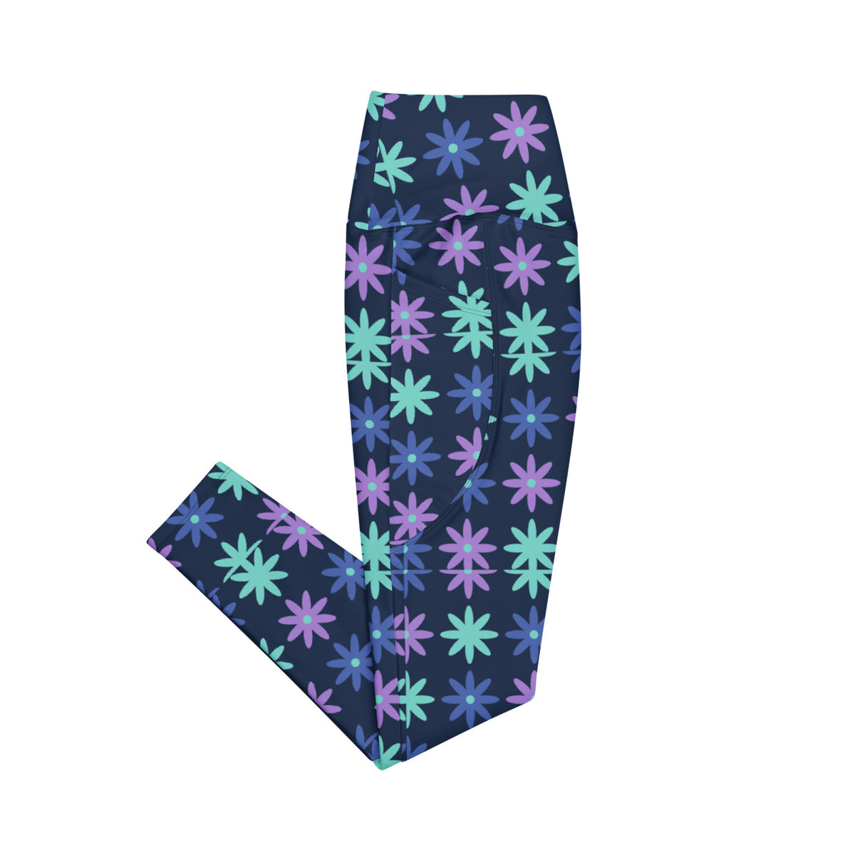 Indigo Bloom leggings with pockets, Printful supplier right side mockup