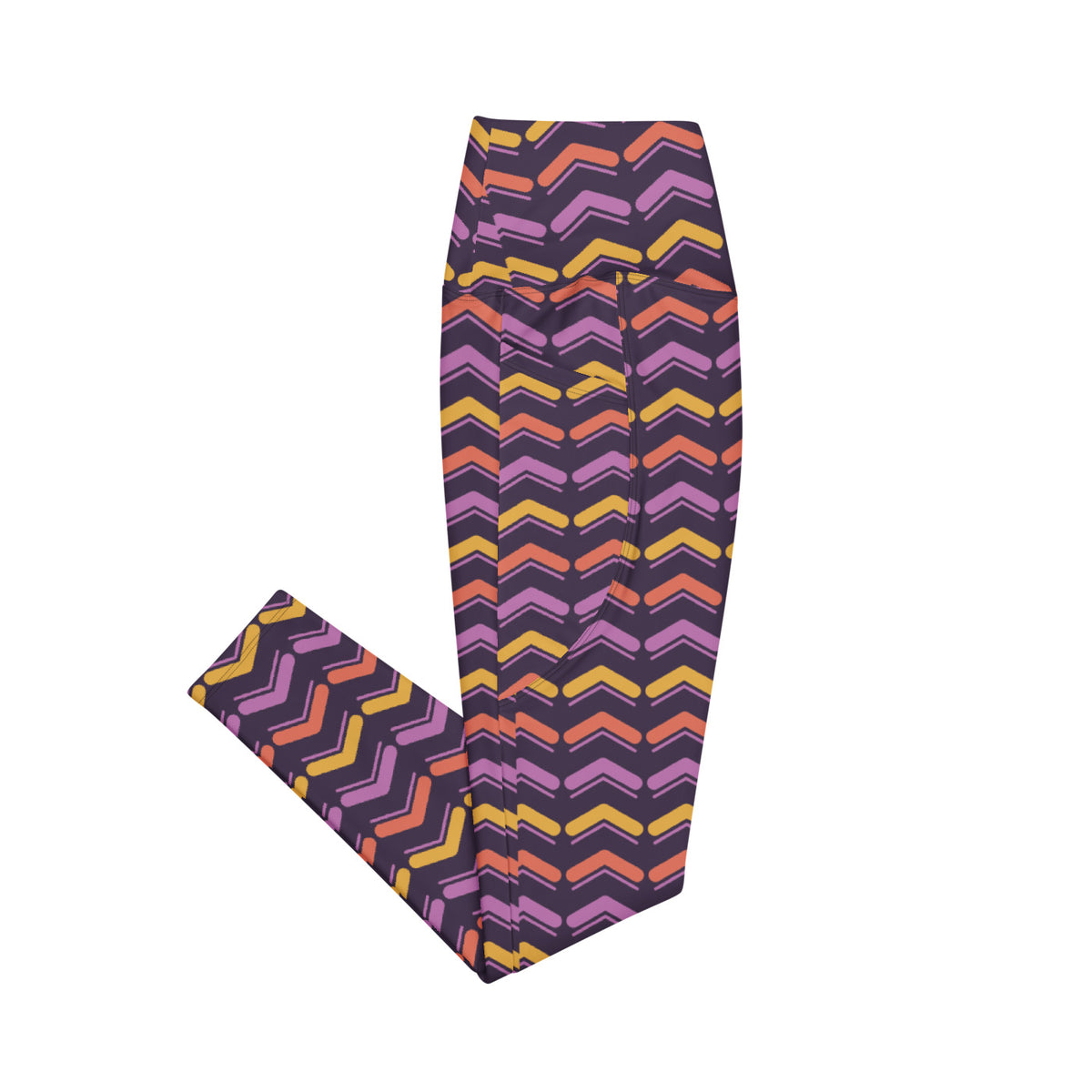 Saffron Chevron leggings with pockets, Printful supplier right side mockup
