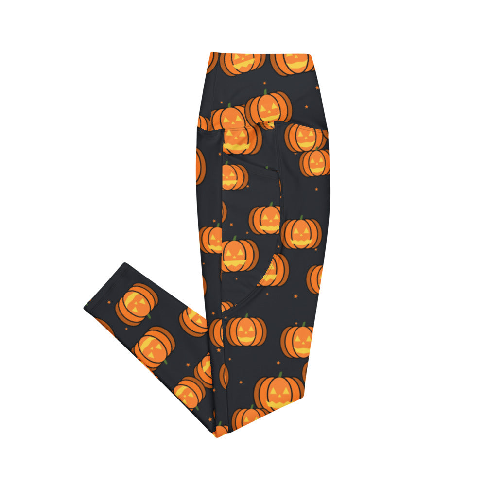 Halloween Graveyard Grey Jack-O'-Lantern leggings with pockets, Printful supplier mockup 4