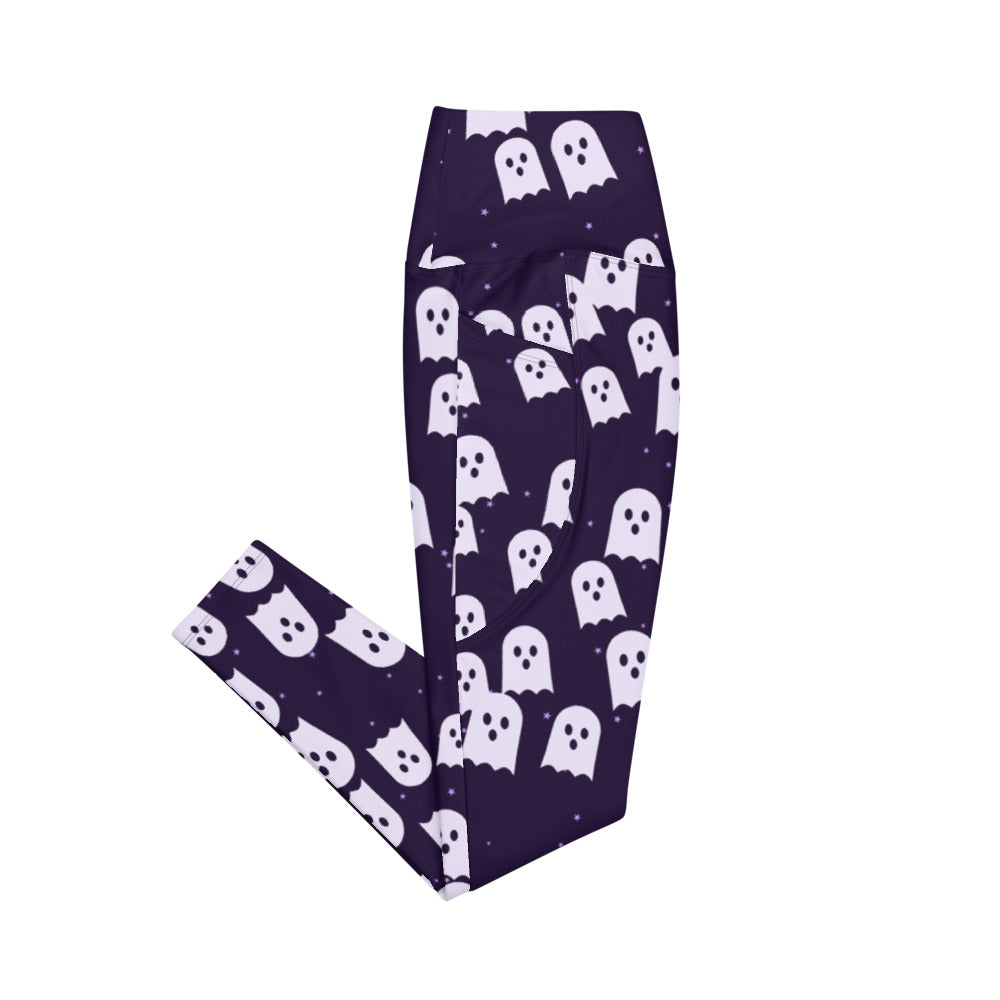 Halloween Witching Purple Ghost Parade leggings with pockets, Printful supplier mockup 4