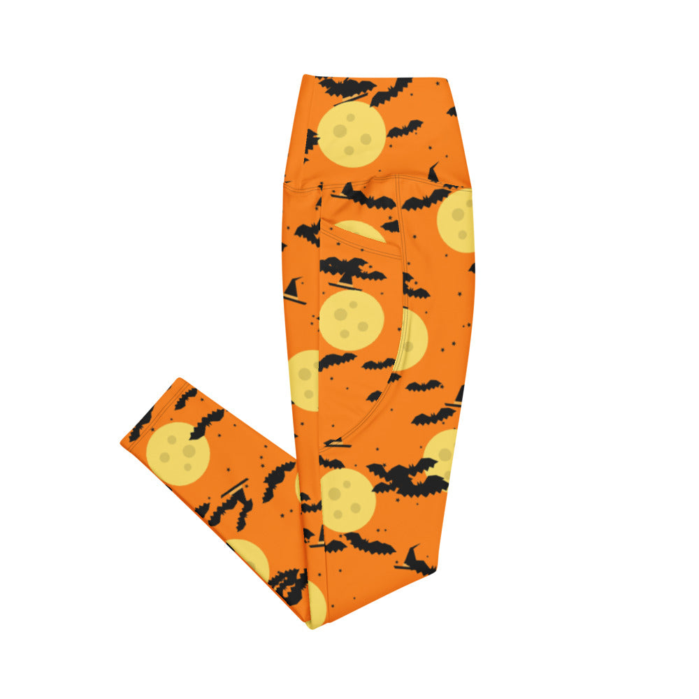 Halloween Pumpkin Orange Haunted Moon leggings with pockets, Printful supplier mockup 4