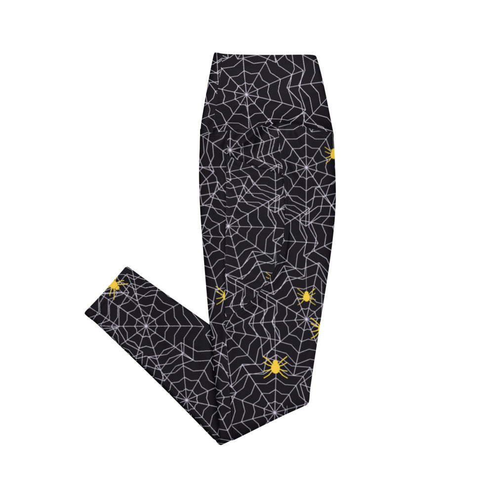 Halloween Midnight Pumpkin Spiderweb leggings with pockets, Printful supplier mockup 4
