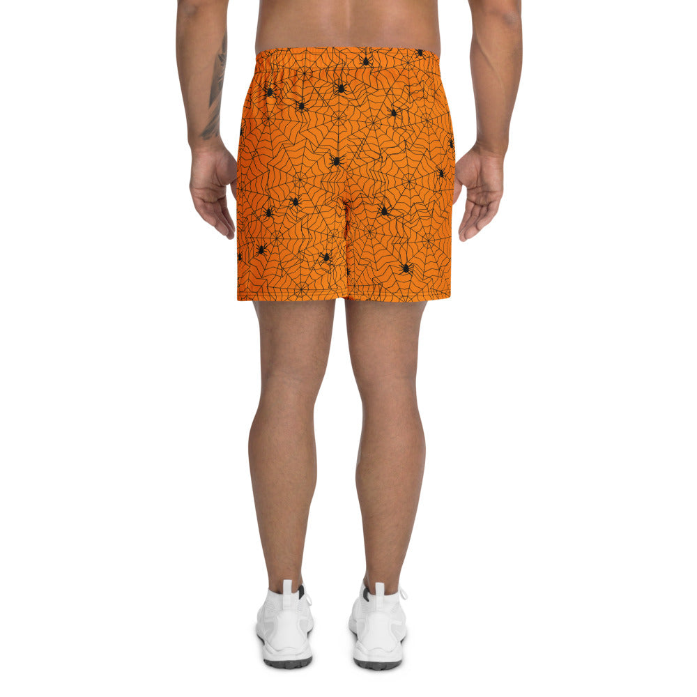 Halloween Pumpkin Orange Spiderweb athletic multipurpose shorts, Printful supplier mockup 4