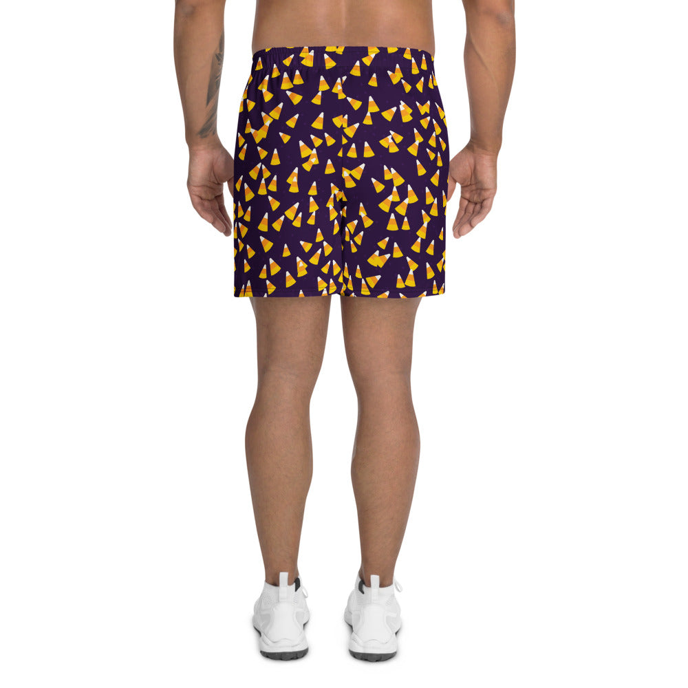 Halloween Hocus Pocus Candy Corn Toss athletic multipurpose shorts, Printful supplier mockup 4