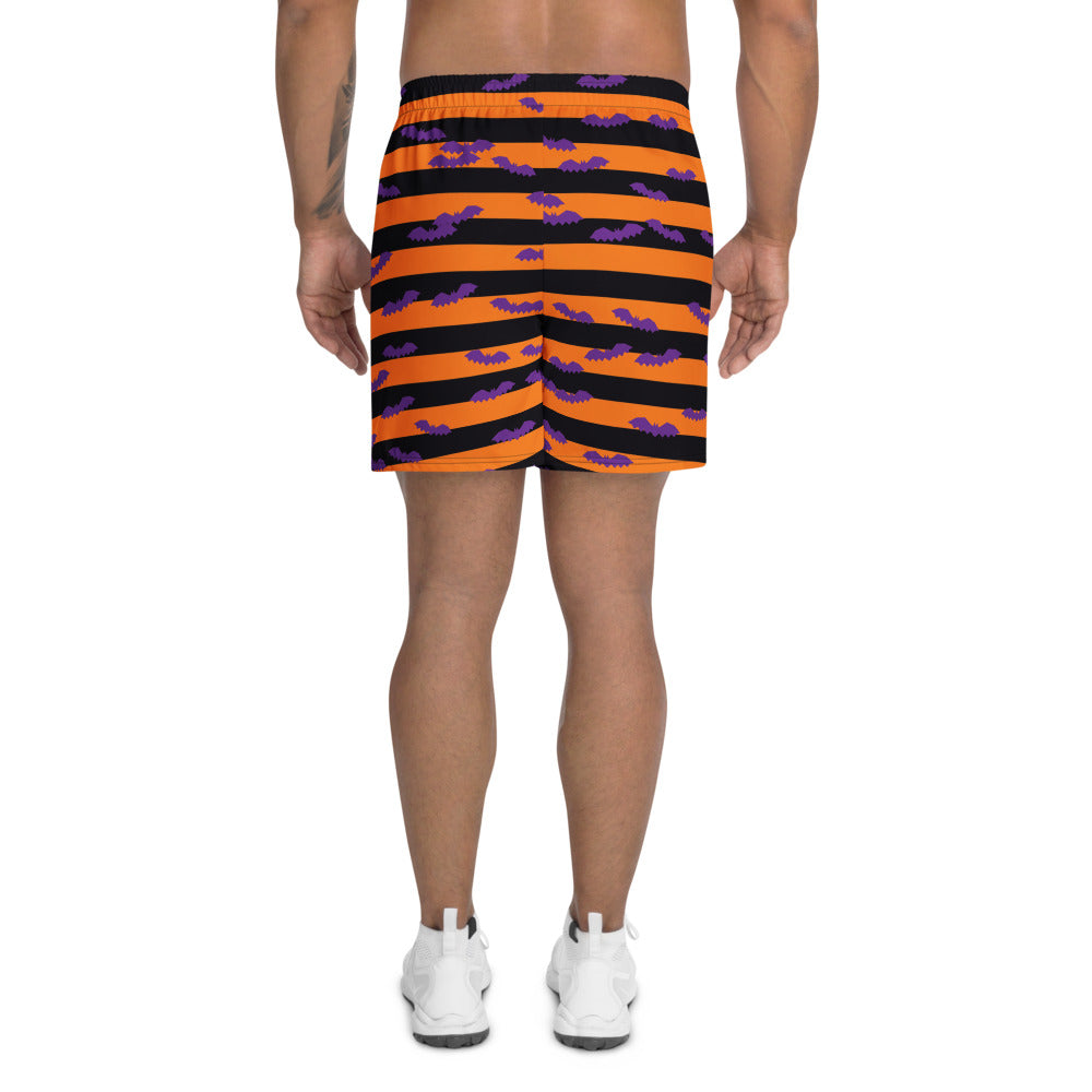 Halloween Midnight Pumpkin Bat Stripe athletic multipurpose shorts, Printful supplier mockup 4