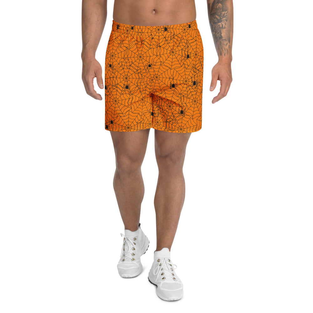 Halloween Pumpkin Orange Spiderweb athletic multipurpose shorts, Printful supplier mockup 1