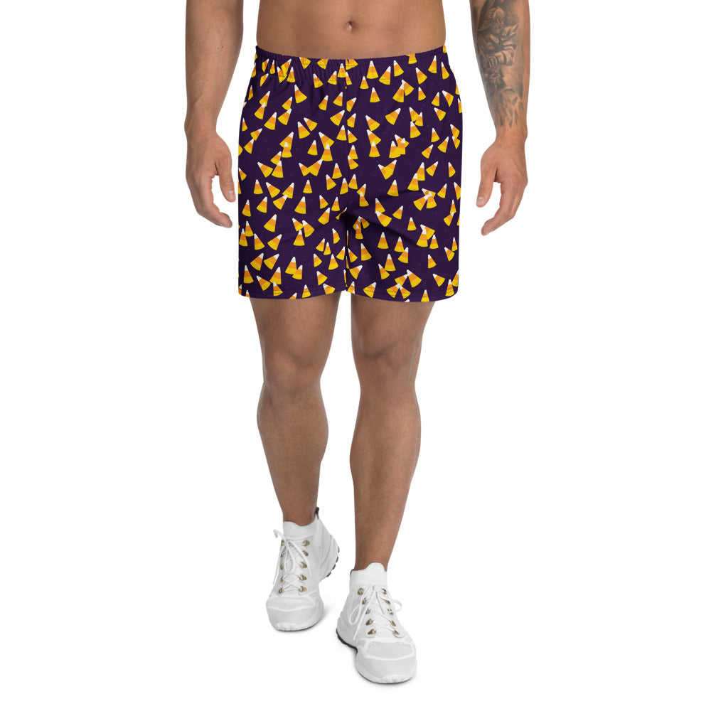 Halloween Hocus Pocus Candy Corn Toss athletic multipurpose shorts, Printful supplier mockup 1