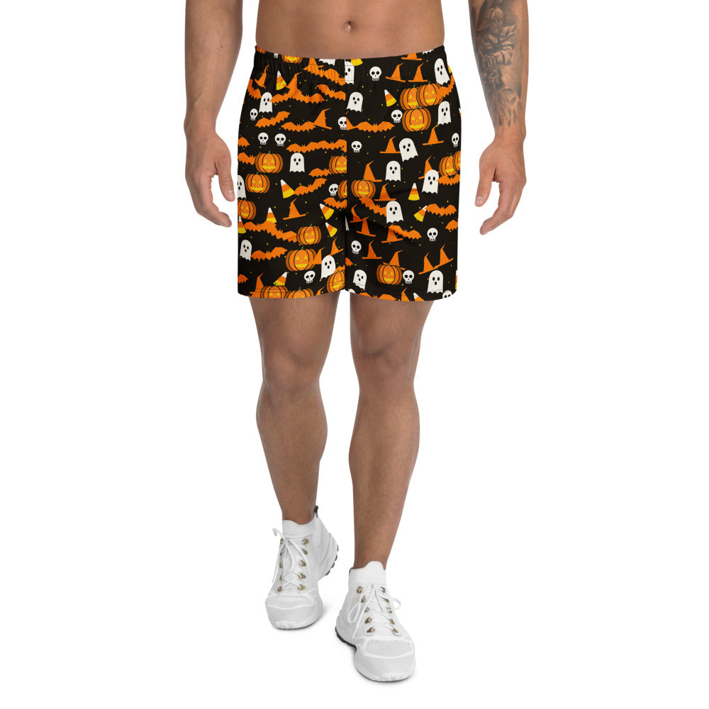 Halloween Candy Corn Spooky Mix athletic multipurpose shorts, Printful supplier mockup 1