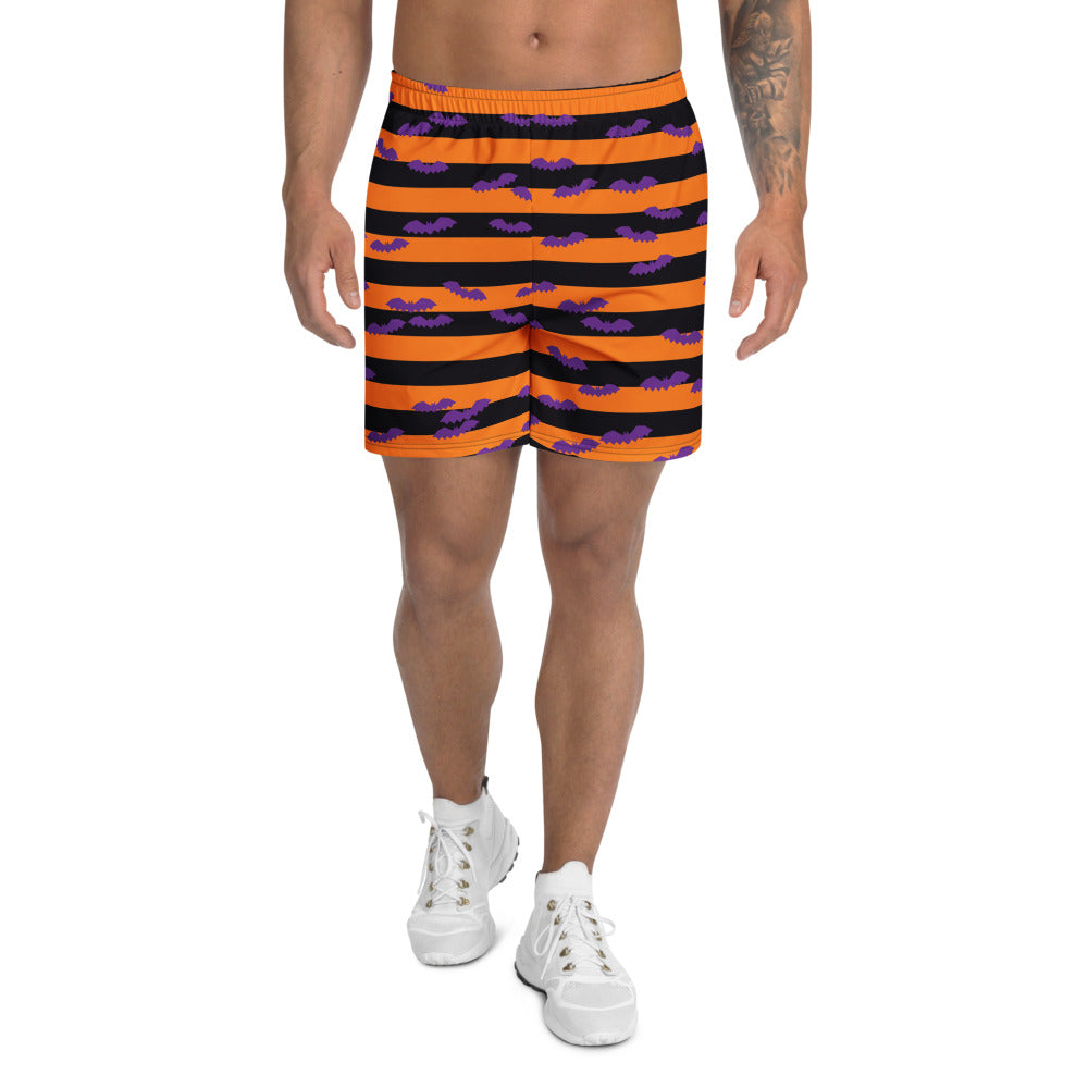 Halloween Midnight Pumpkin Bat Stripe athletic multipurpose shorts, Printful supplier mockup 1